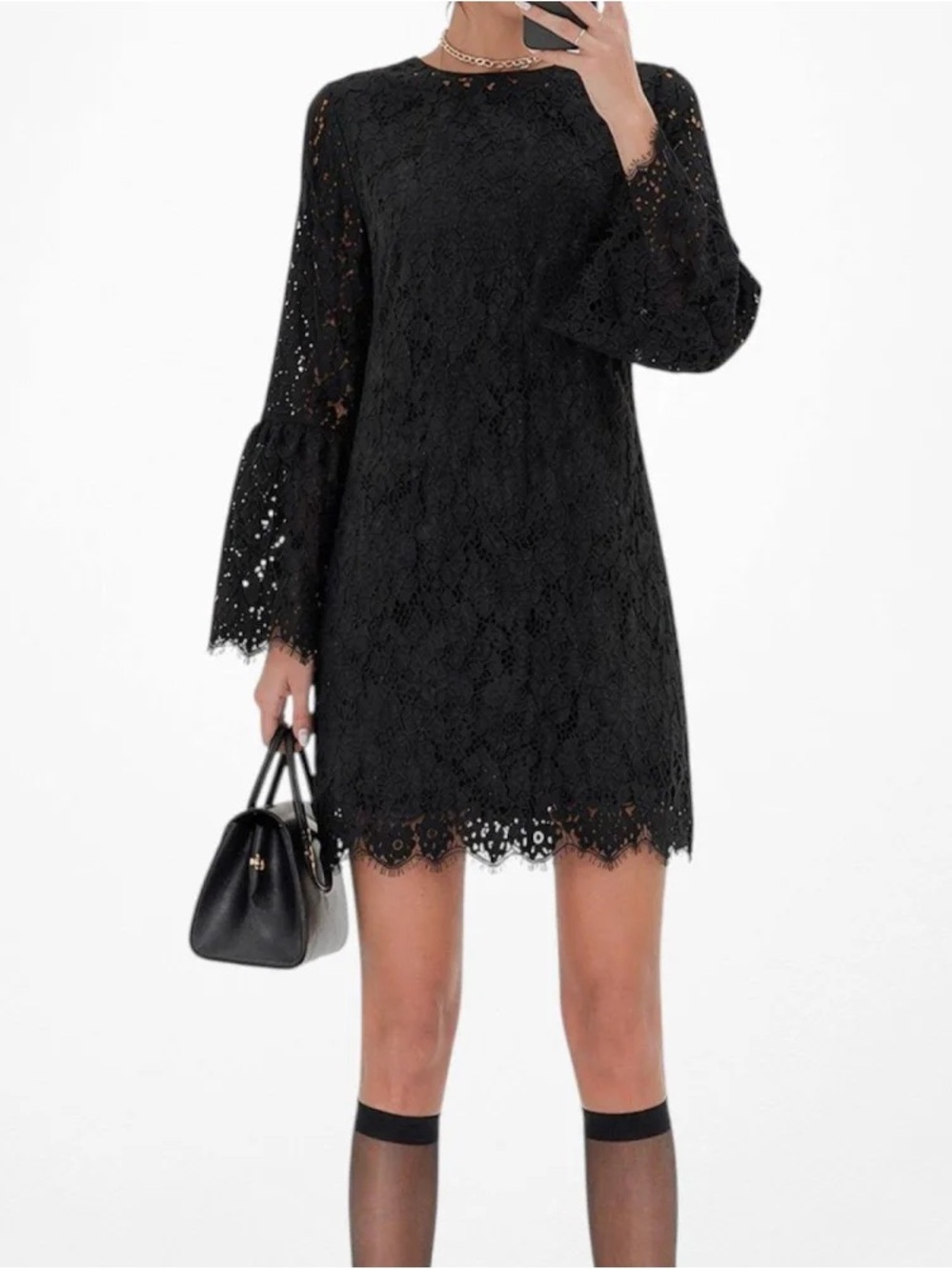 Black Lace Bell-Sleeve Mini Dress